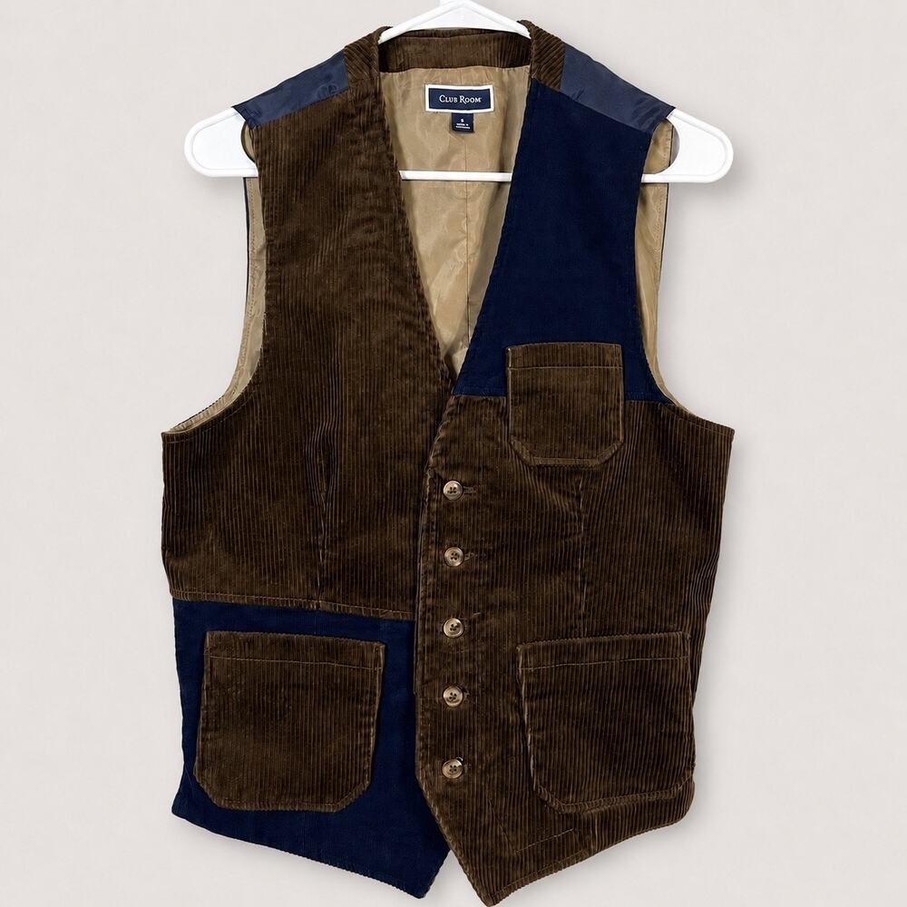 Mens Small Corduroy Vest Brown Navy Colorblock Club Room Buckle Back